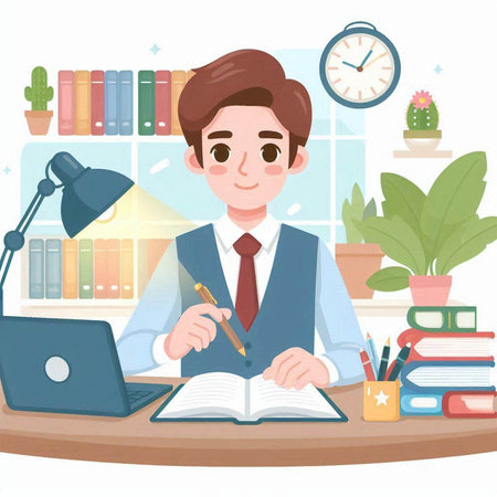 Businessman writing in notebook at office. Vector illustration in cartoon styleのイラスト素材