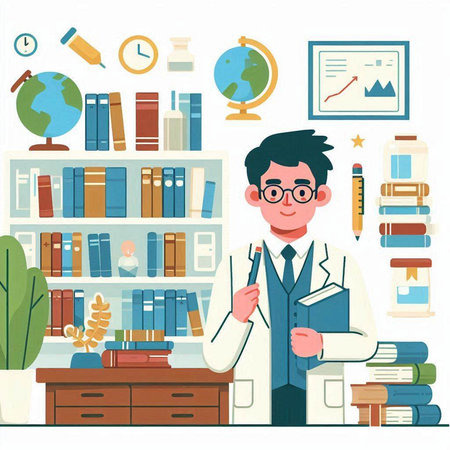 Male scientist in laboratory with books and equipment. Vector illustration in flat styleのイラスト素材
