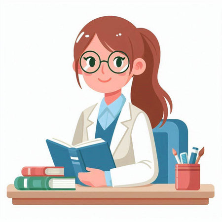 Female student sitting at desk and reading book. Vector illustration in cartoon style.のイラスト素材