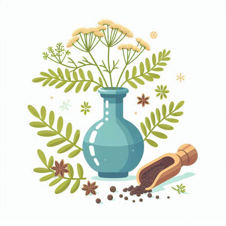 Herbs and spices in a ceramic vase. Vector illustration.のイラスト素材
