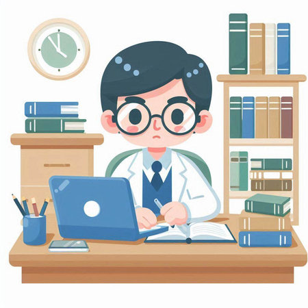 Cute boy in glasses studying at the desk. Vector illustration.のイラスト素材