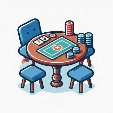 Vector isometric illustration of casino table with chairs and poker chips.のイラスト素材