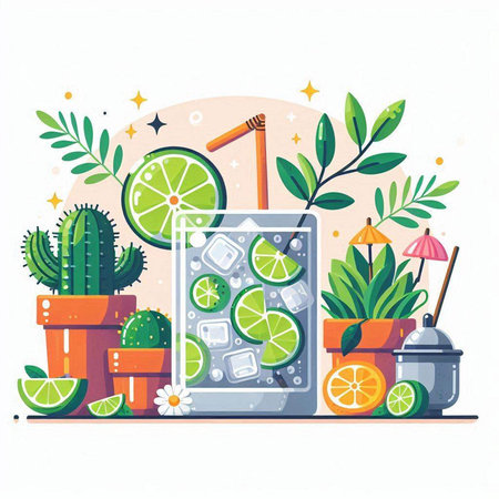 Cute vector illustration with a glass of lemonade, ice cubes, cactus and plants.のイラスト素材