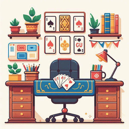 Illustration of an office desk with a set of items for playing cardsのイラスト素材