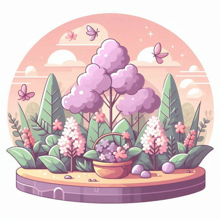 Vector illustration of a spring landscape with blooming lilac bushes and a basket of flowersのイラスト素材