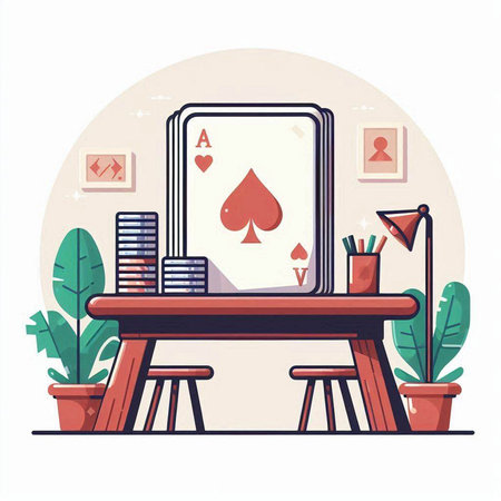 Poker table with deck of playing cards, chips and laptop. Vector illustration in flat styleのイラスト素材