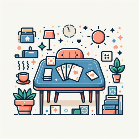 Vector line art illustration of table with playing cards, laptop, books, coffee cup and other items. Line art design for web and print.のイラスト素材