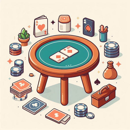 Poker table with casino chips and cards. Vector illustration in isometric styleのイラスト素材