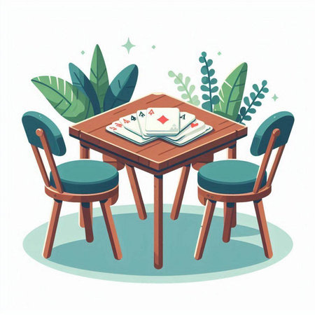 Dining table and chairs with playing cards. Vector illustration in cartoon style.のイラスト素材