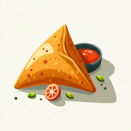 Illustration of a samosas with tomato sauce and olivesのイラスト素材