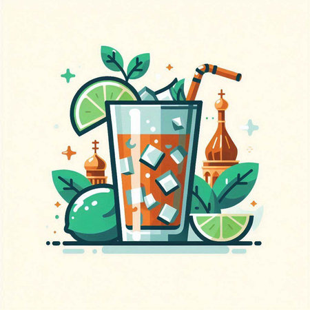 Vector illustration of a glass of lemonade with ice cubes and lime.のイラスト素材