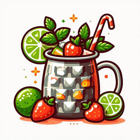 Mug of smoothie with strawberries and mint. Vector illustration.のイラスト素材