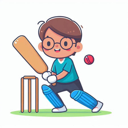 Cricket player playing cricket. Cute cartoon vector illustration.のイラスト素材