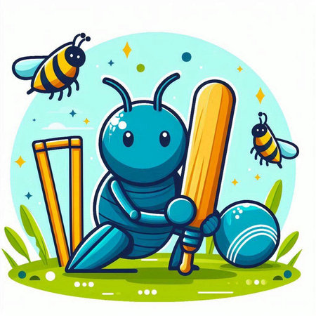 Illustration of Cute Ant Cartoon Character Mascot Character Playing Cricketのイラスト素材
