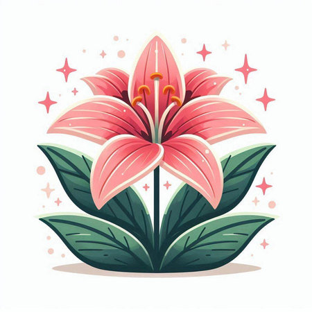 Pink lily flower with green leaves on white background. Vector illustration.のイラスト素材