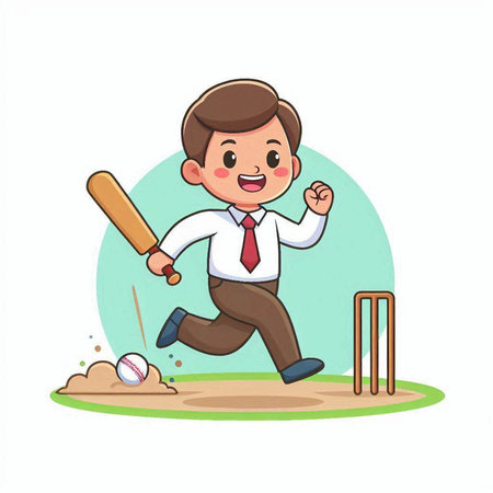 Businessman playing cricket game with bat and ball. Vector illustration.のイラスト素材