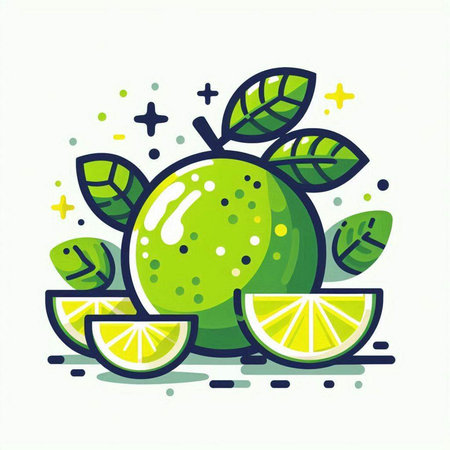 Lime fruit with leaves on white background. Vector illustration in flat style.のイラスト素材