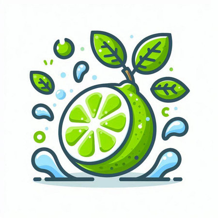 Lime fruit icon. Vector illustration of lime with green leaves.のイラスト素材