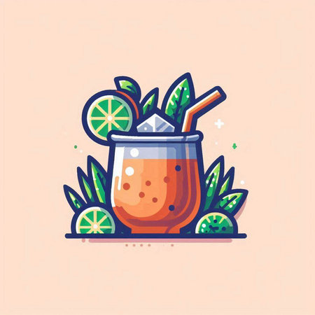 Cocktail with lime and ice. Vector illustration in cartoon styleのイラスト素材