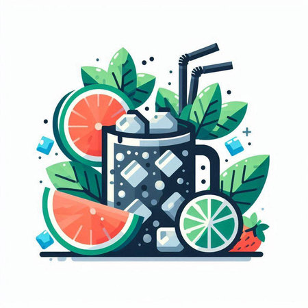 Cocktail with lime, grapefruit and straw. Flat vector illustration.のイラスト素材