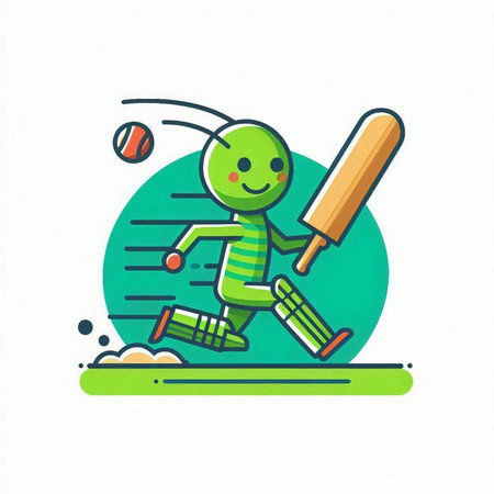 Cricket player vector illustration. Cute cartoon character playing cricket.のイラスト素材