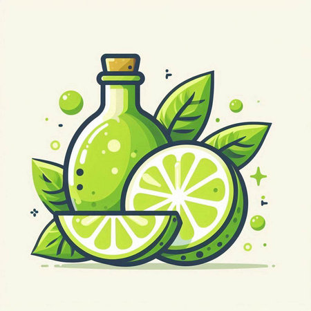 Lime fruit with green leaves and bottle of lemonade. Vector illustration.のイラスト素材