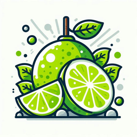 Lime fruit with green leaves on white background. Vector illustration.のイラスト素材