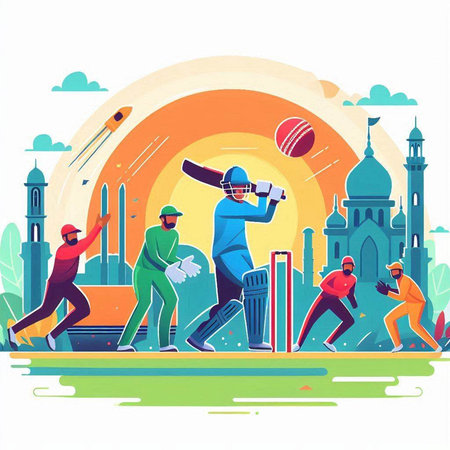 Cricket Team Playing Cricket in Park. Flat Vector Illustrationのイラスト素材