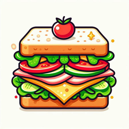 Sandwich with ham, cheese, tomato and cucumber. Vector illustration.のイラスト素材