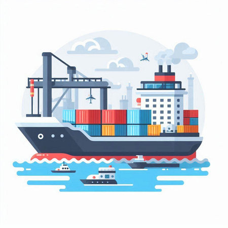Cargo ship. Freight transportation. Vector illustration in flat styleのイラスト素材