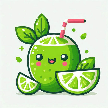 Cute lime character with a glass of juice, vector illustration.のイラスト素材