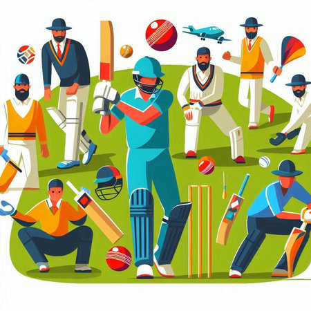Cricket players in action. Vector illustration of cricket players in action.のイラスト素材