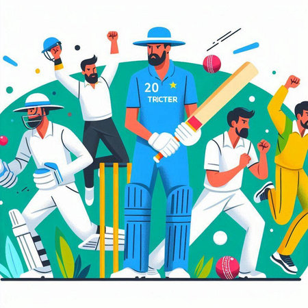 Cricket players in action. Vector illustration in flat cartoon style.のイラスト素材