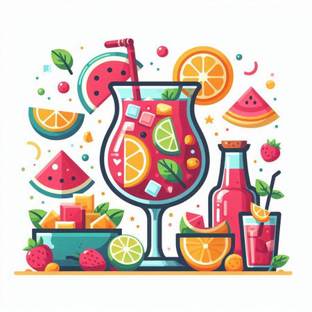 Fruit cocktail. Colorful vector illustration in flat cartoon style.のイラスト素材