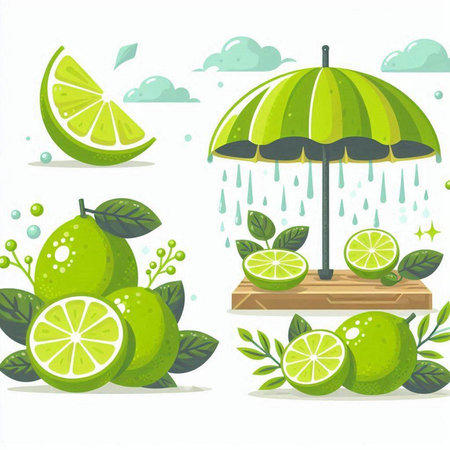Vector illustration of limes and umbrellas on white background.のイラスト素材