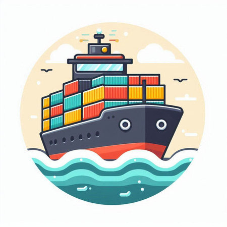 Cargo ship in the sea. Colorful flat vector illustration.のイラスト素材