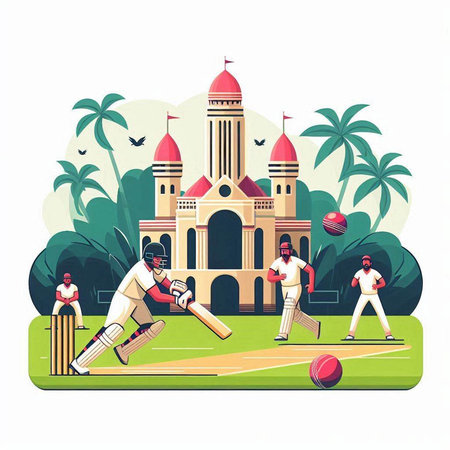 Batsman playing cricket on the field. Flat vector illustration.のイラスト素材