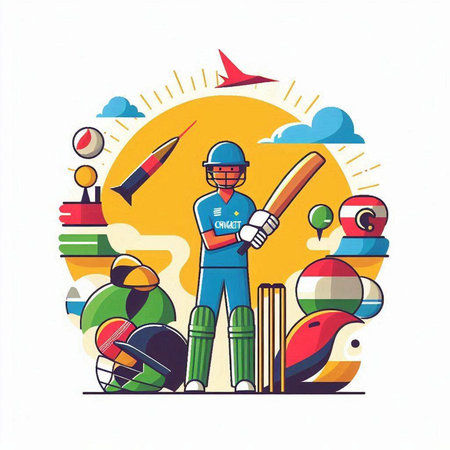 Cricket player in action with bats and balls. Vector illustration.のイラスト素材