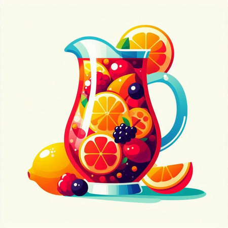Vector illustration of a jug of fruit tea with lemon and berries.のイラスト素材