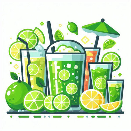 Vector illustration of fresh lime juice in glasses with straws and lime slices.のイラスト素材