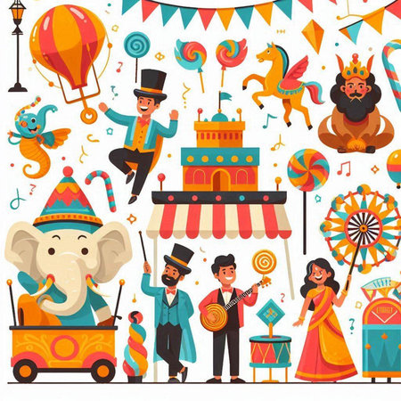 Circus carnival cartoon elements set with clown, elephant, clown, juggler, circus car, carnival tent vector illustrationのイラスト素材
