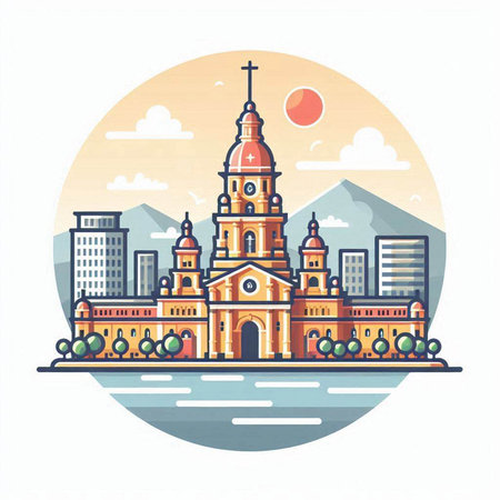 Church in the center of the city. Vector illustration in flat styleのイラスト素材