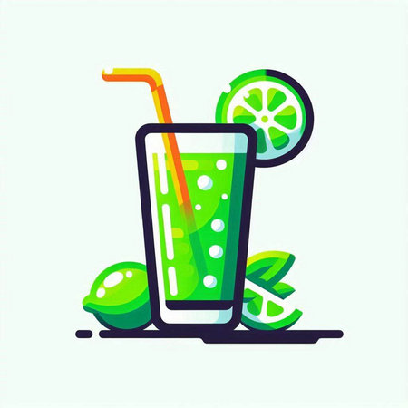 Cocktail icon with lime and straw. Vector illustration in flat styleのイラスト素材