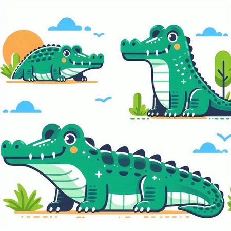 Crocodile in the park. Set of vector illustrations.のイラスト素材