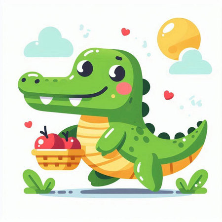 Cute crocodile with a basket of apples. Vector illustration.のイラスト素材