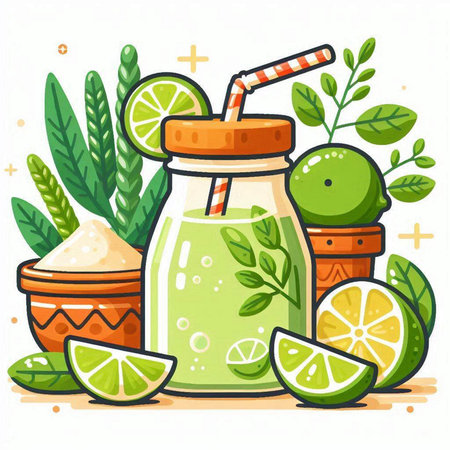Lemonade in a bottle with lime slices and herbs. Vector illustration.のイラスト素材