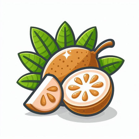Whole and half sapodilla fruit character cartoon vector illustration.のイラスト素材