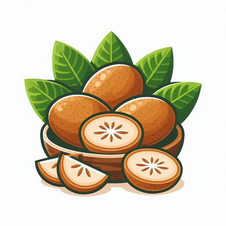 Sapodilla fruit with leaves isolated on white background. Vector illustration.のイラスト素材