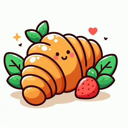 Cute cartoon croissant with strawberries and mint. Vector illustration.のイラスト素材