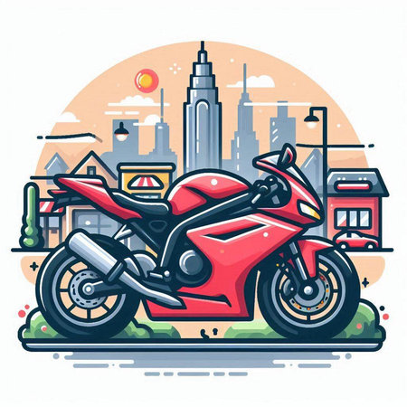 Motorcycle on the background of the city. Vector illustration in flat style.のイラスト素材